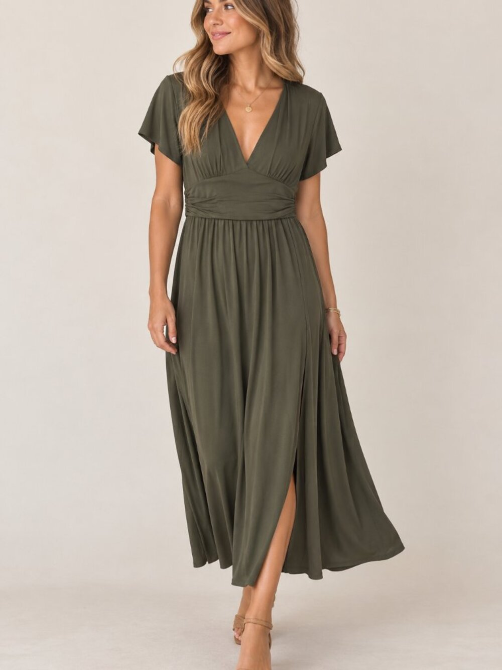 Cupshe Olive Green V-Neck Midi Dress Size Large NWT